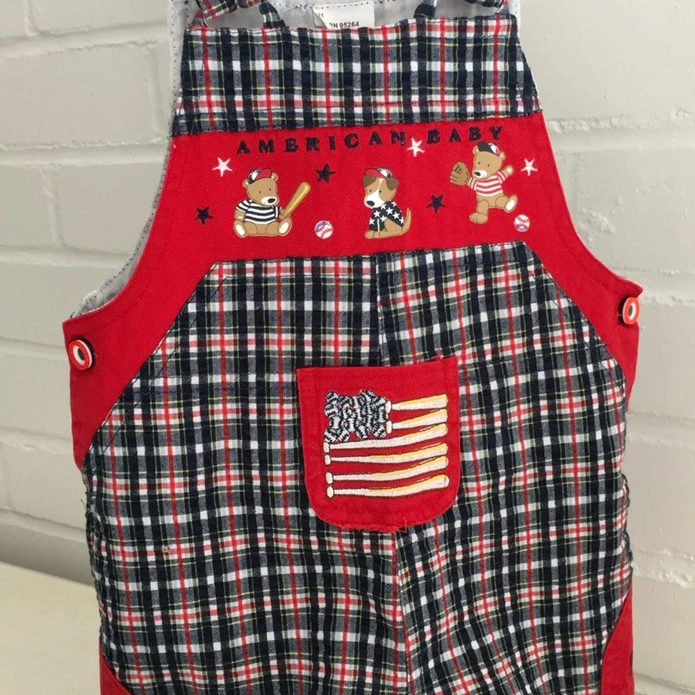 American Baby Classic Red/Blue Plaid Overalls Baseball Theme Size 6-9 Months